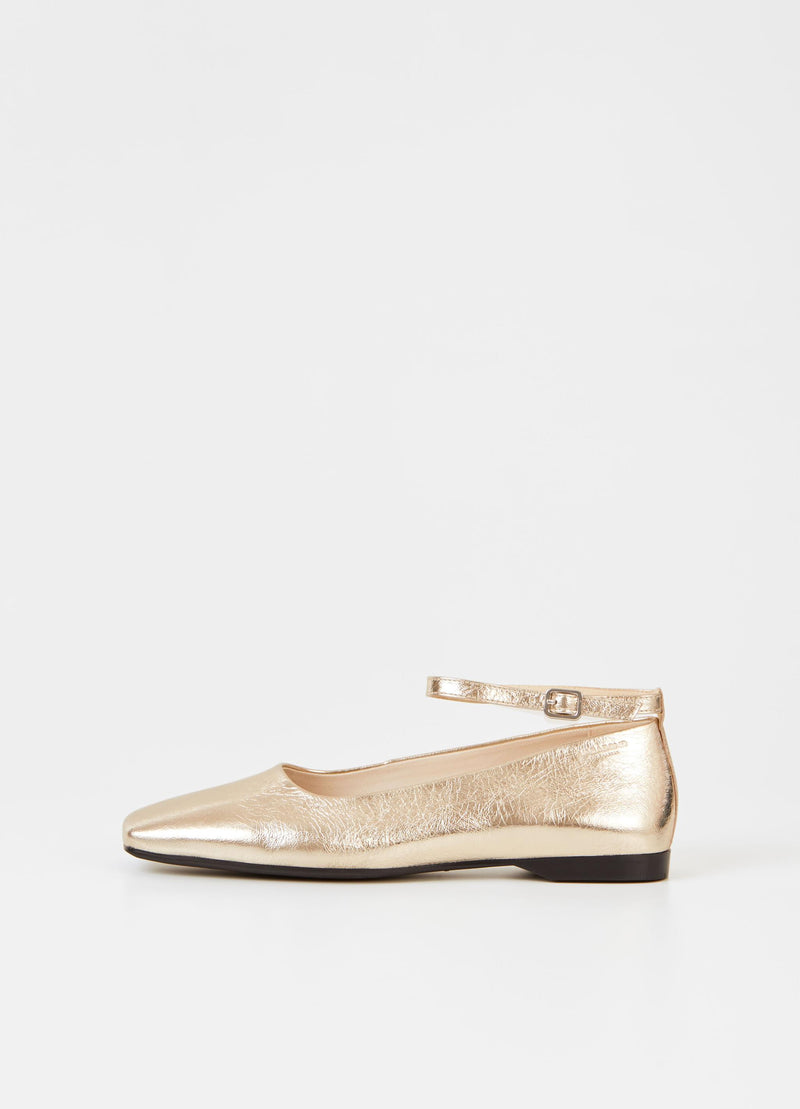 Square toe ballet style shoe with slim ankle strap in gold leather