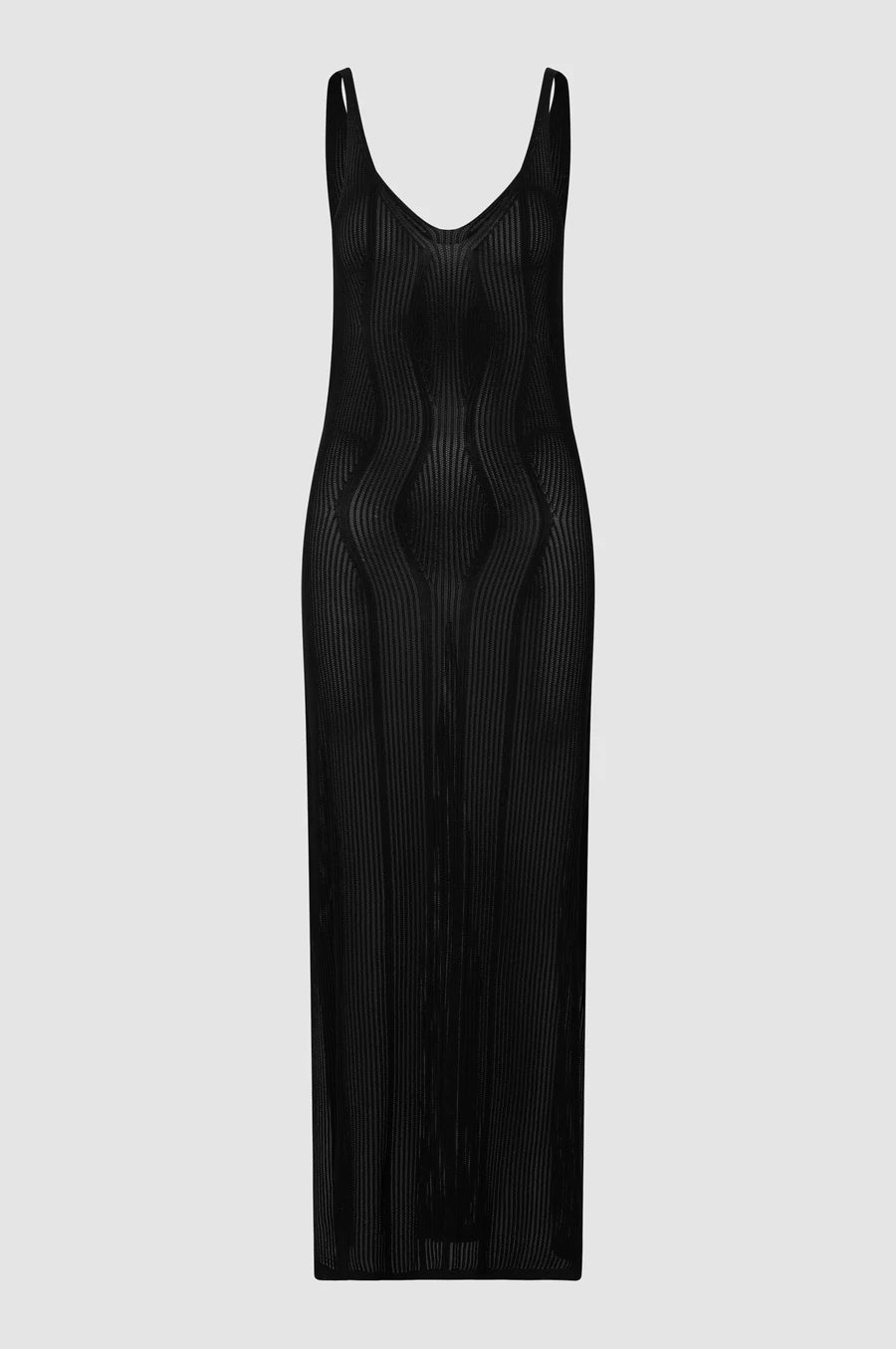 Black long loose knit dress with sewn in wave design and narrow straps and V neckline