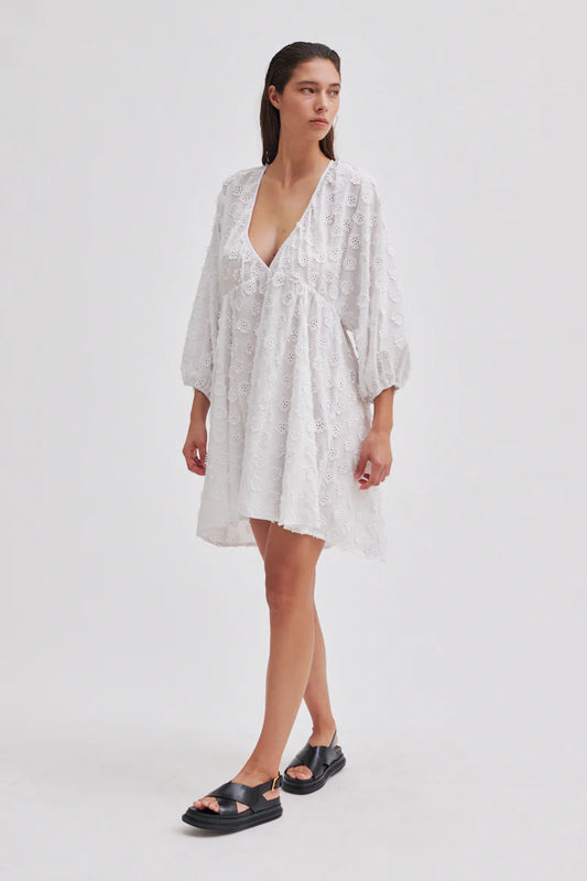 White V neck and back empire line beach coverup with broderie anglais and 3D features