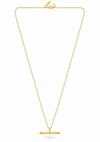 A delicate yellow gold chain necklace with a small horizontal bar pendant featuring a central clear gemstone, displayed on a clean white background.