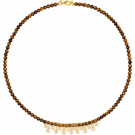 A beaded necklace featuring round brown and golden-brown tiger's eye beads with a fringe of gold-toned settings holding clear teardrop gemstones, shown against a plain white background.