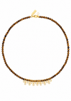 A beaded necklace featuring round brown and golden-brown tiger's eye beads with a fringe of gold-toned settings holding clear teardrop gemstones, shown against a plain white background.