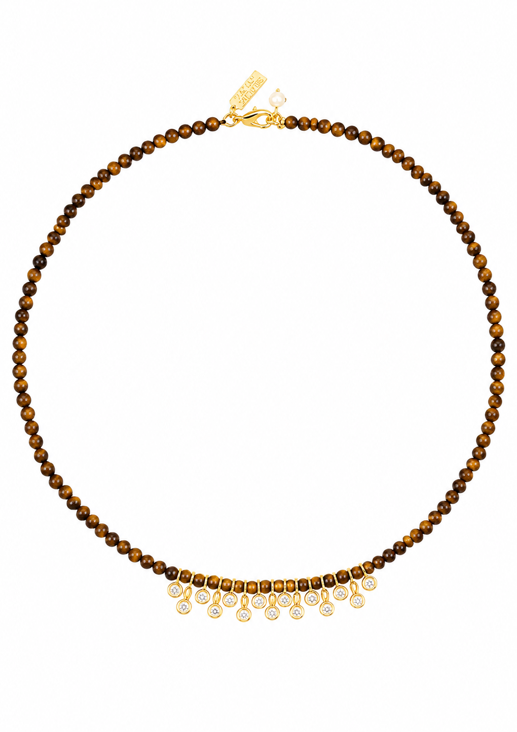 A beaded necklace featuring round brown and golden-brown tiger's eye beads with a fringe of gold-toned settings holding clear teardrop gemstones, shown against a plain white background.