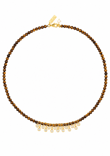 A beaded necklace featuring round brown and golden-brown tiger's eye beads with a fringe of gold-toned settings holding clear teardrop gemstones, shown against a plain white background.