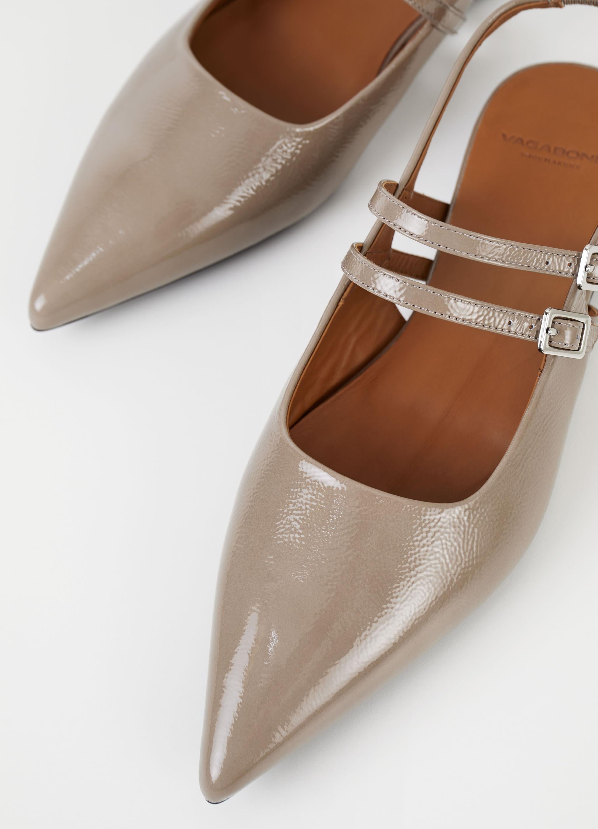 Taupe patent leather pointed sling back ballet flat with double mary jane straps