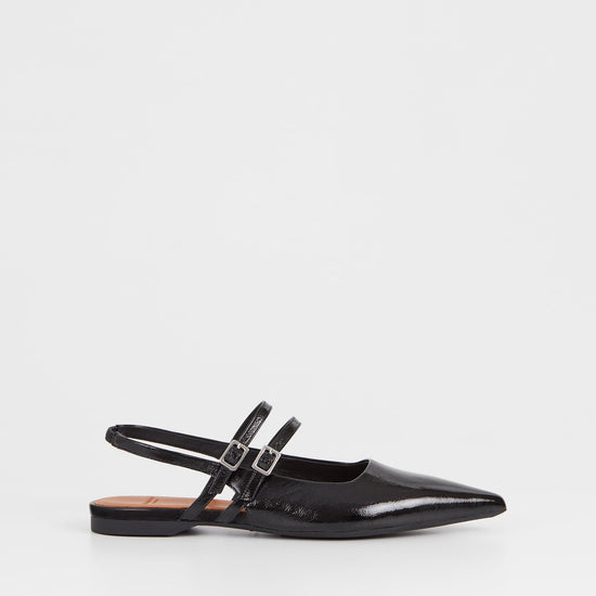 Pointed sling back mary jane shoe in black patent 