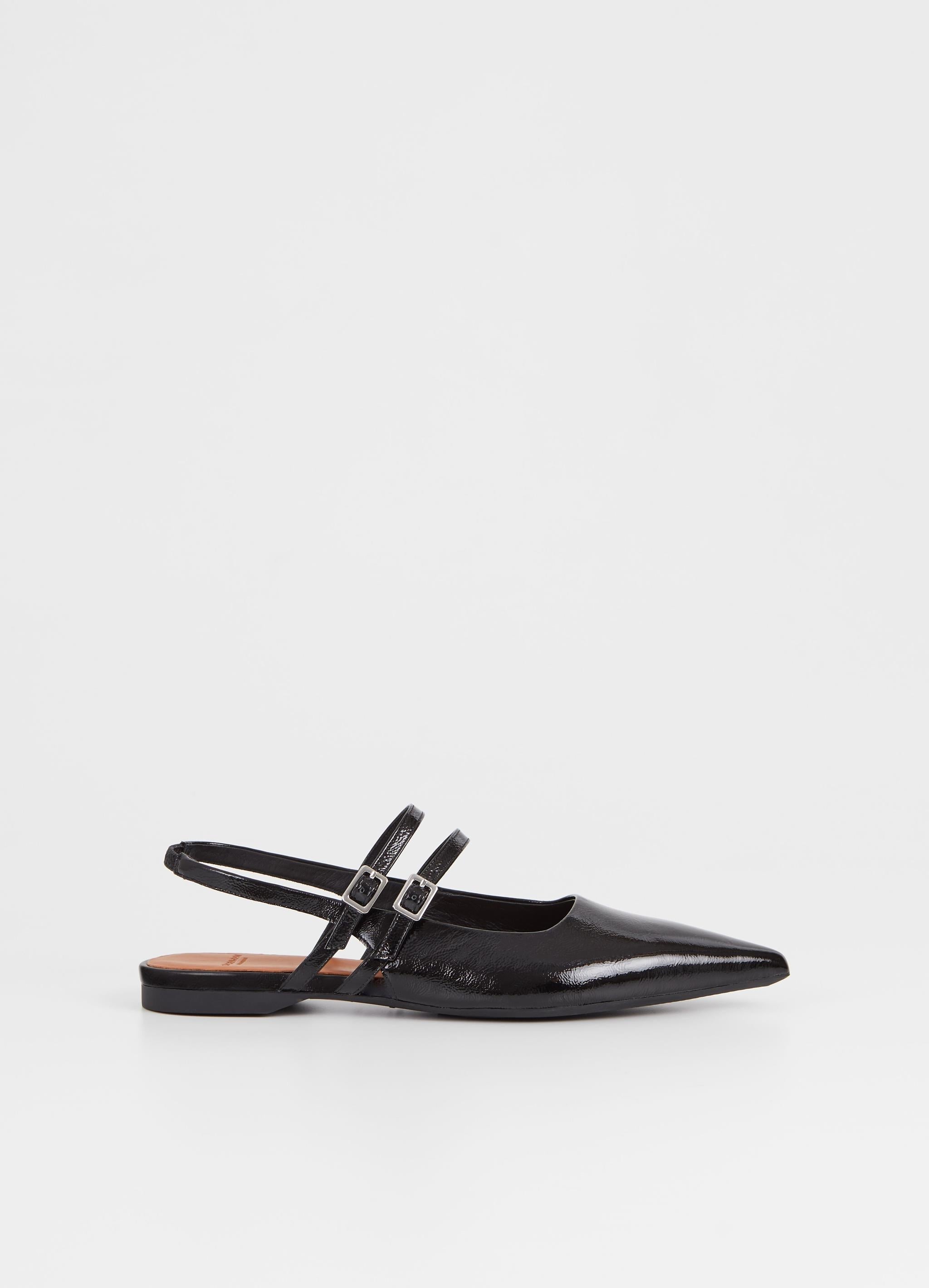 Pointed sling back mary jane shoe in black patent 
