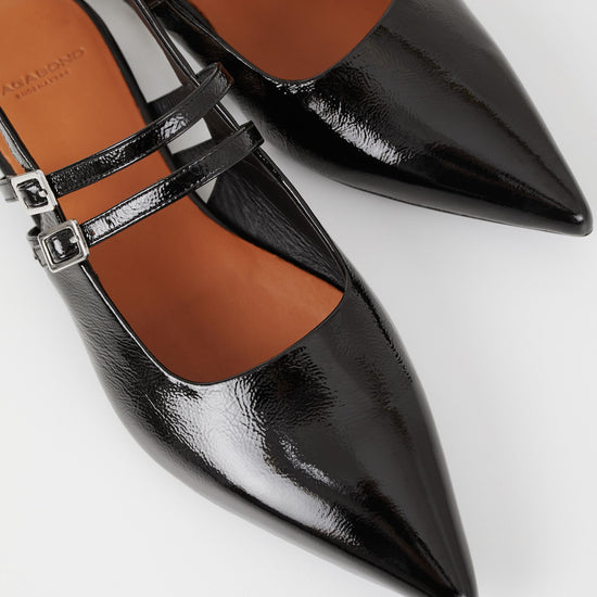 Pointed sling back mary jane shoe in black patent 