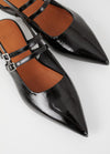 Pointed sling back mary jane shoe in black patent 