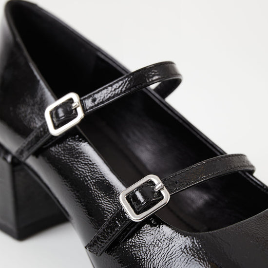 Square toe mary jane shoe with a block heel in black patent leather