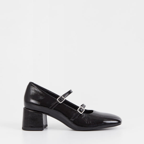 Square toe mary jane shoe with a block heel in black patent leather