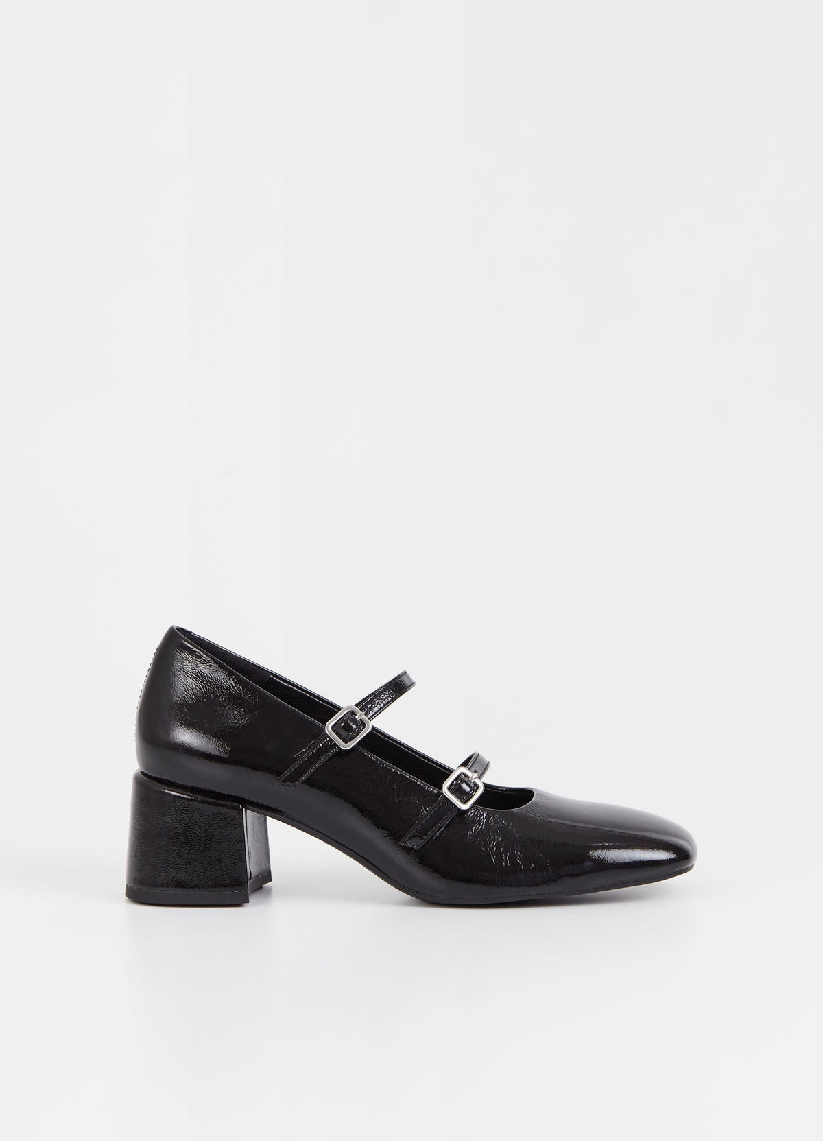 Square toe mary jane shoe with a block heel in black patent leather