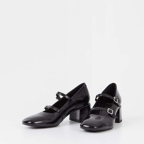 Square toe mary jane shoe with a block heel in black patent leather