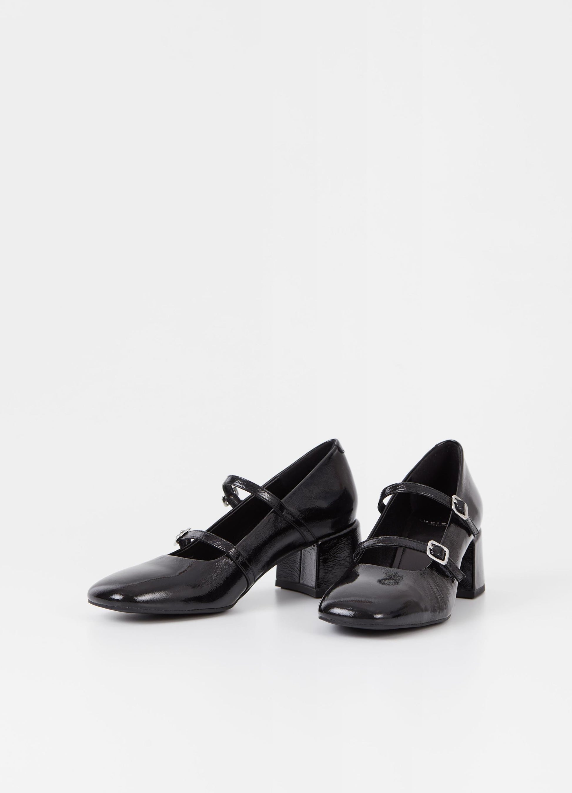 Square toe mary jane shoe with a block heel in black patent leather