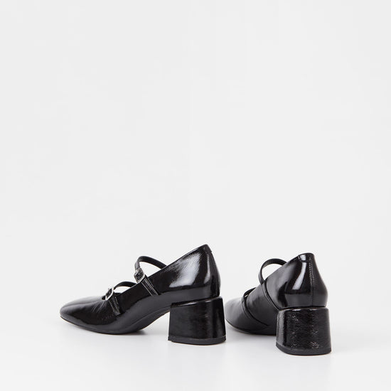 Square toe mary jane shoe with a block heel in black patent leather