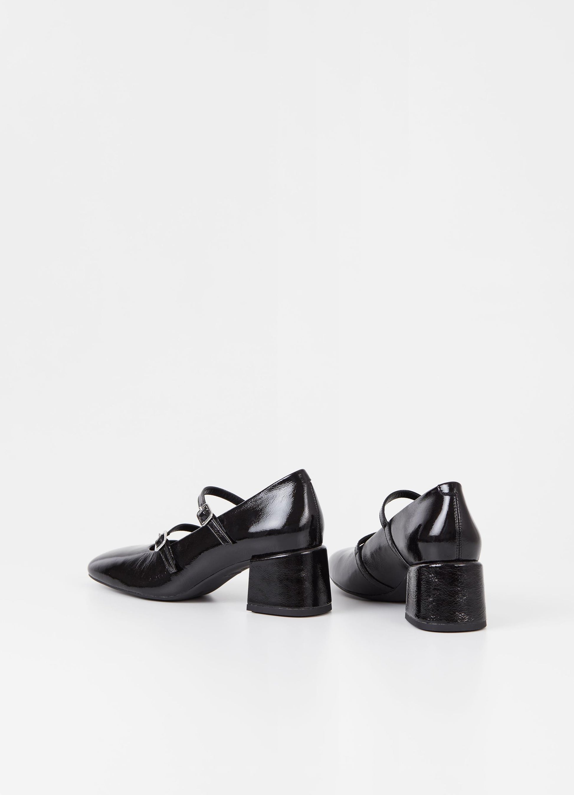 Square toe mary jane shoe with a block heel in black patent leather