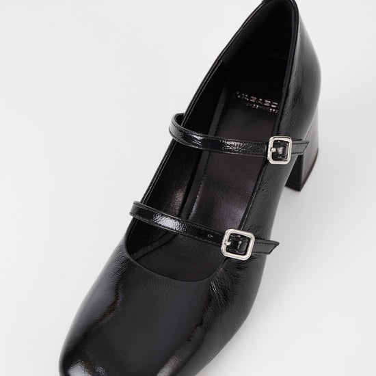 Square toe mary jane shoe with a block heel in black patent leather