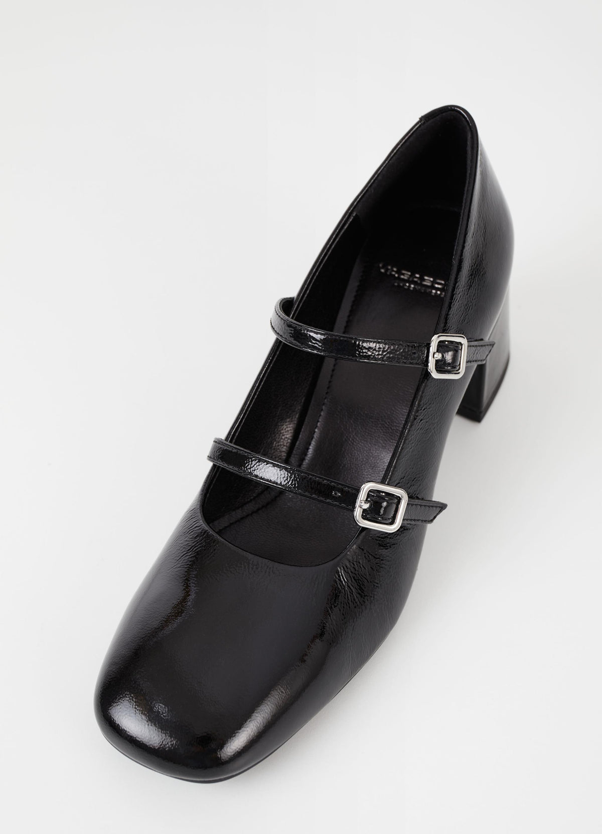 Square toe mary jane shoe with a block heel in black patent leather