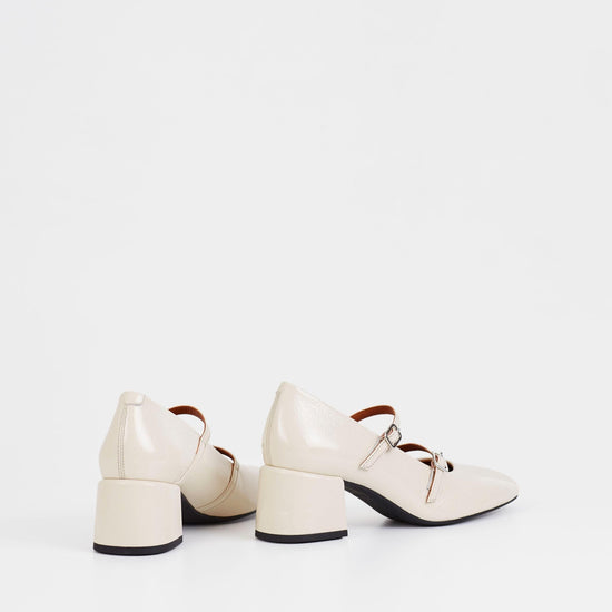 Cream patent mary jane style shoes with block heel and double thin strap