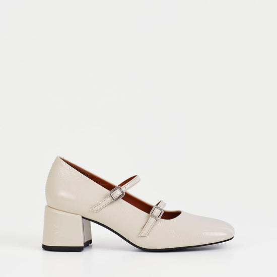 Cream patent mary jane style shoes with block heel and double thin strap