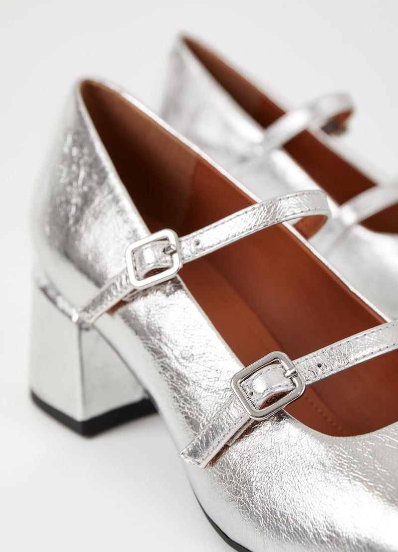 Silver mary jane style shoes with block heel and double thin strap