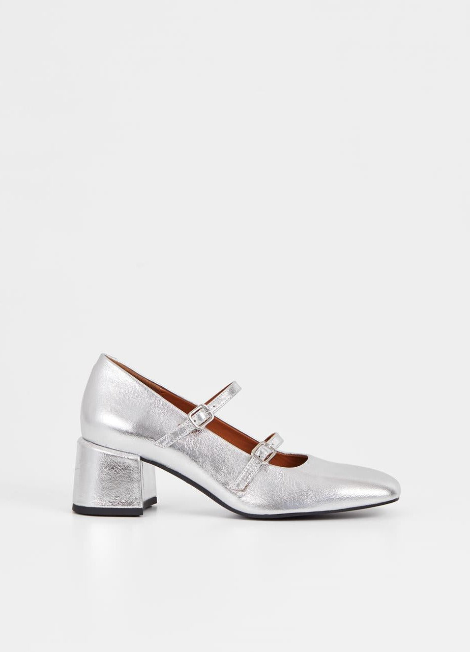 Silver mary jane style shoes with block heel and double thin strap