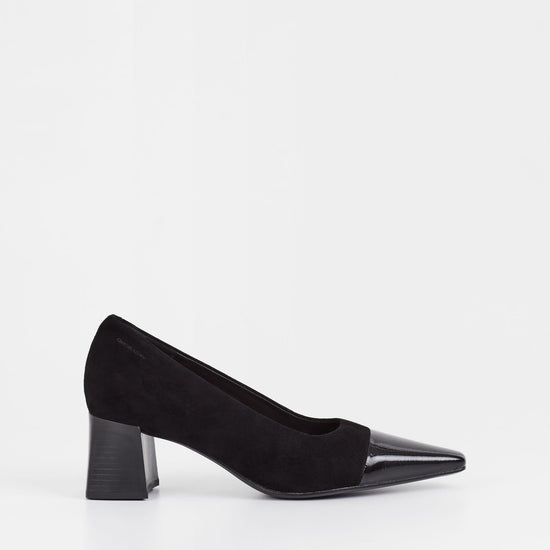 Black suede pumps with stacked black heel and pointed contrast black patent toe