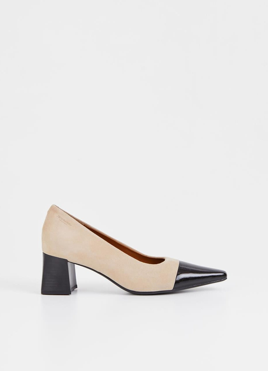 Ella Leather Block Heels,two-tone Pumps,beige With Black Shoes
