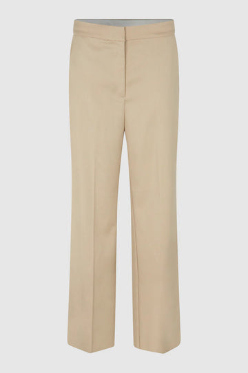 Beige straight leg trousers with flat front and zip fastening