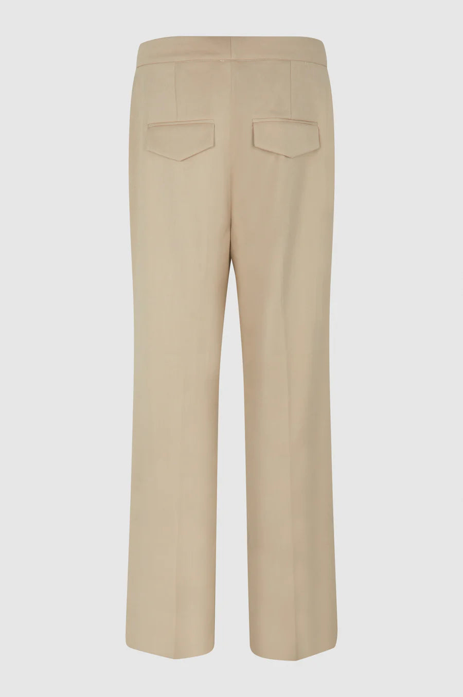 Beige straight leg trousers with flat front and zip fastening