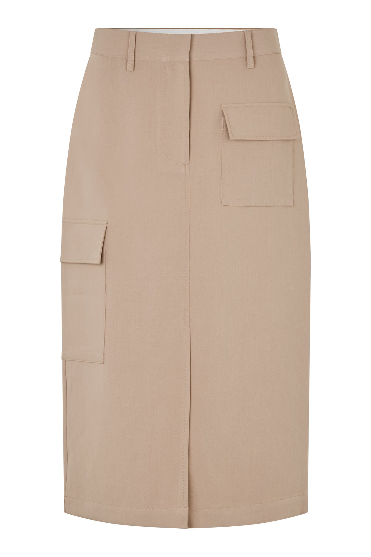Beige pencil skirt with side pockets and front split