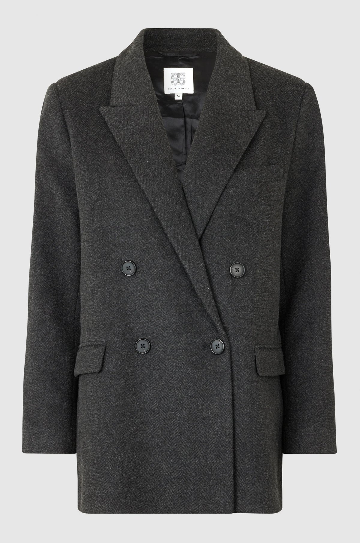Wool blend dark grey double breasted blazer with peak lapel