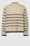 Ecru and black striped jumper with deep crew neck square cut sleeves with deep ribbed cuffs and hem with side splits