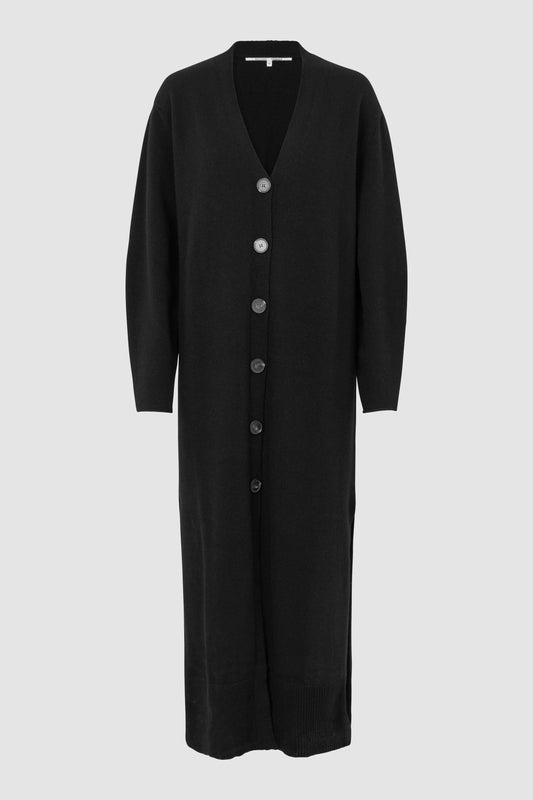 Long black cardigan with V neck. and button fastening