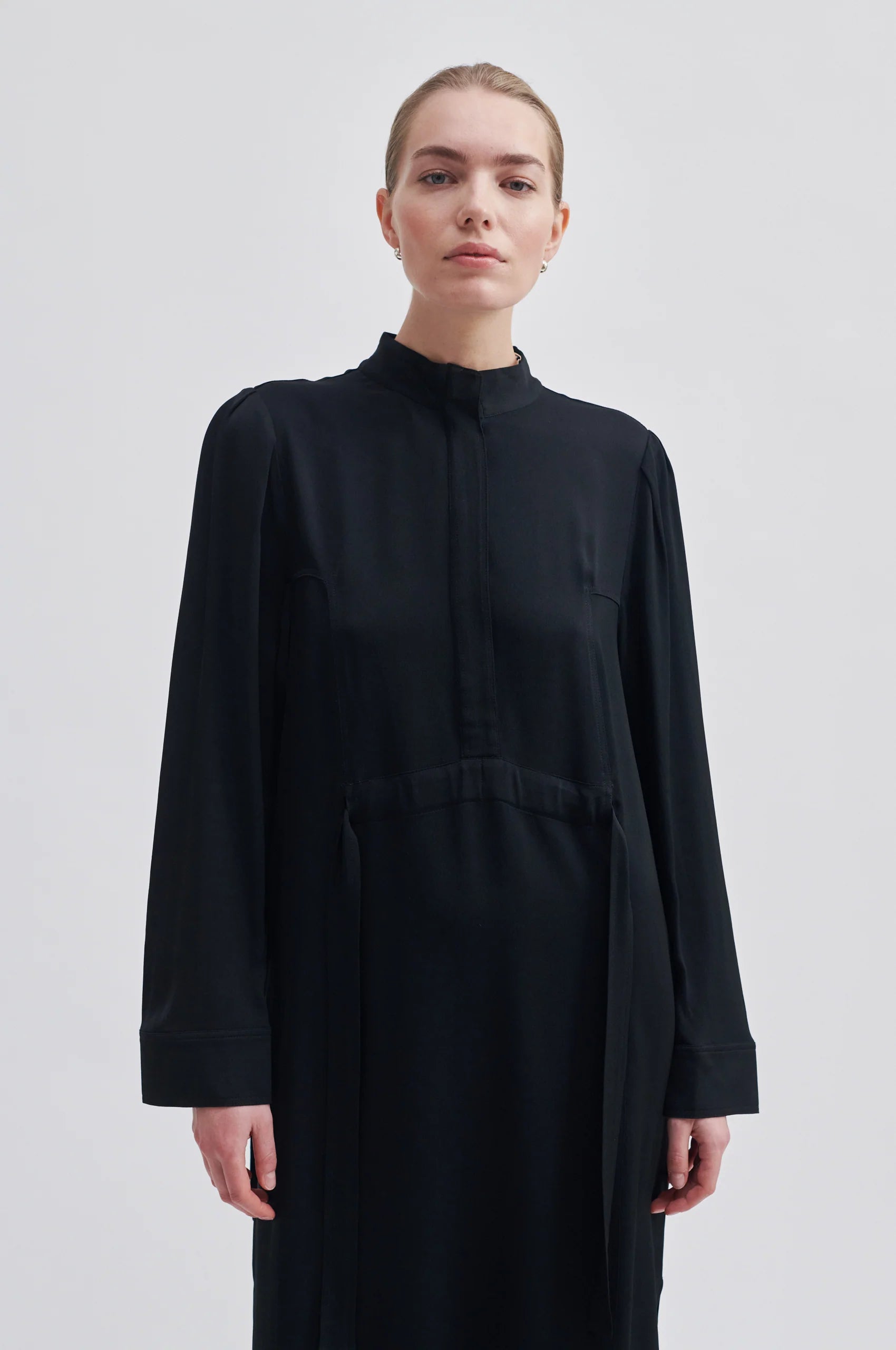 Grandad collar black long midi dress with half hidden placket and side tie details