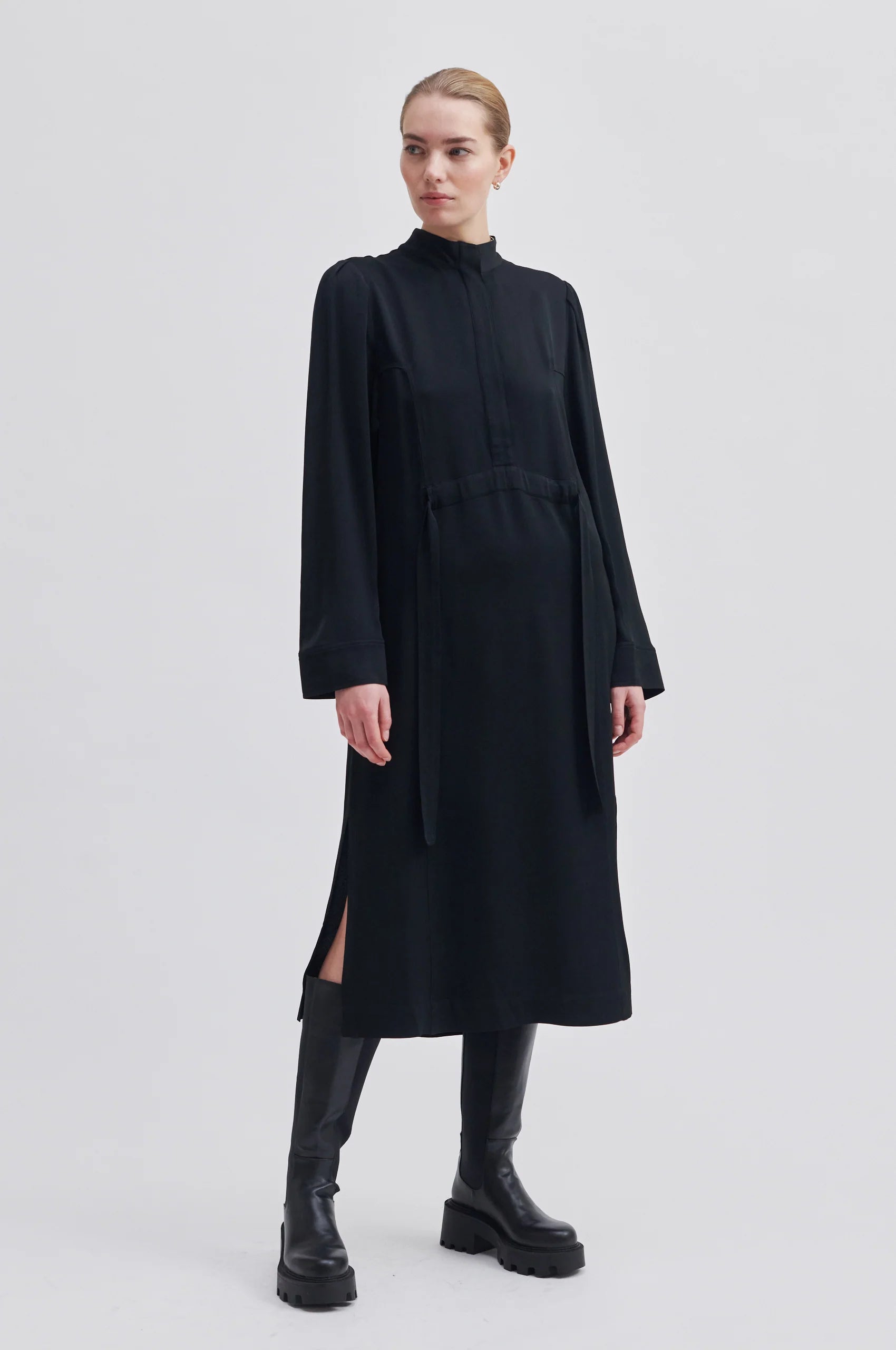 Grandad collar black long midi dress with half hidden placket and side tie details