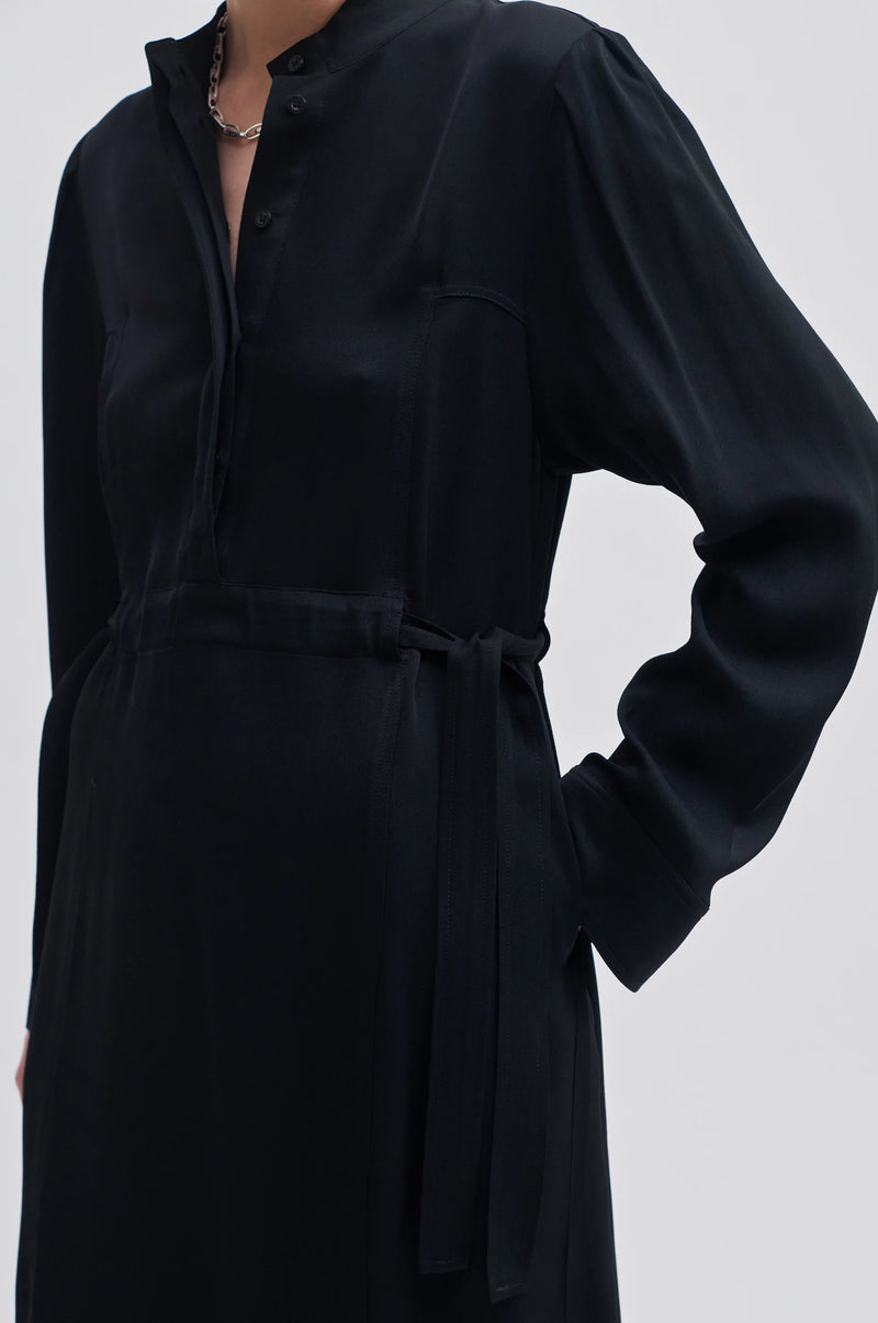 Grandad collar black long midi dress with half hidden placket and side tie details