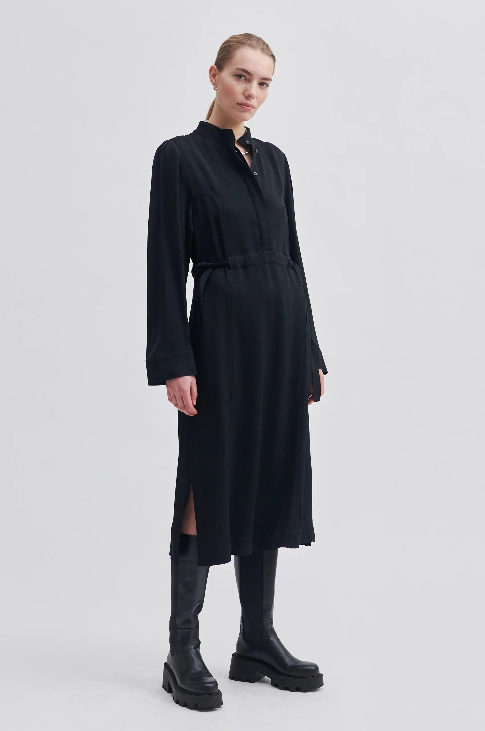 Grandad collar black long midi dress with half hidden placket and side tie details