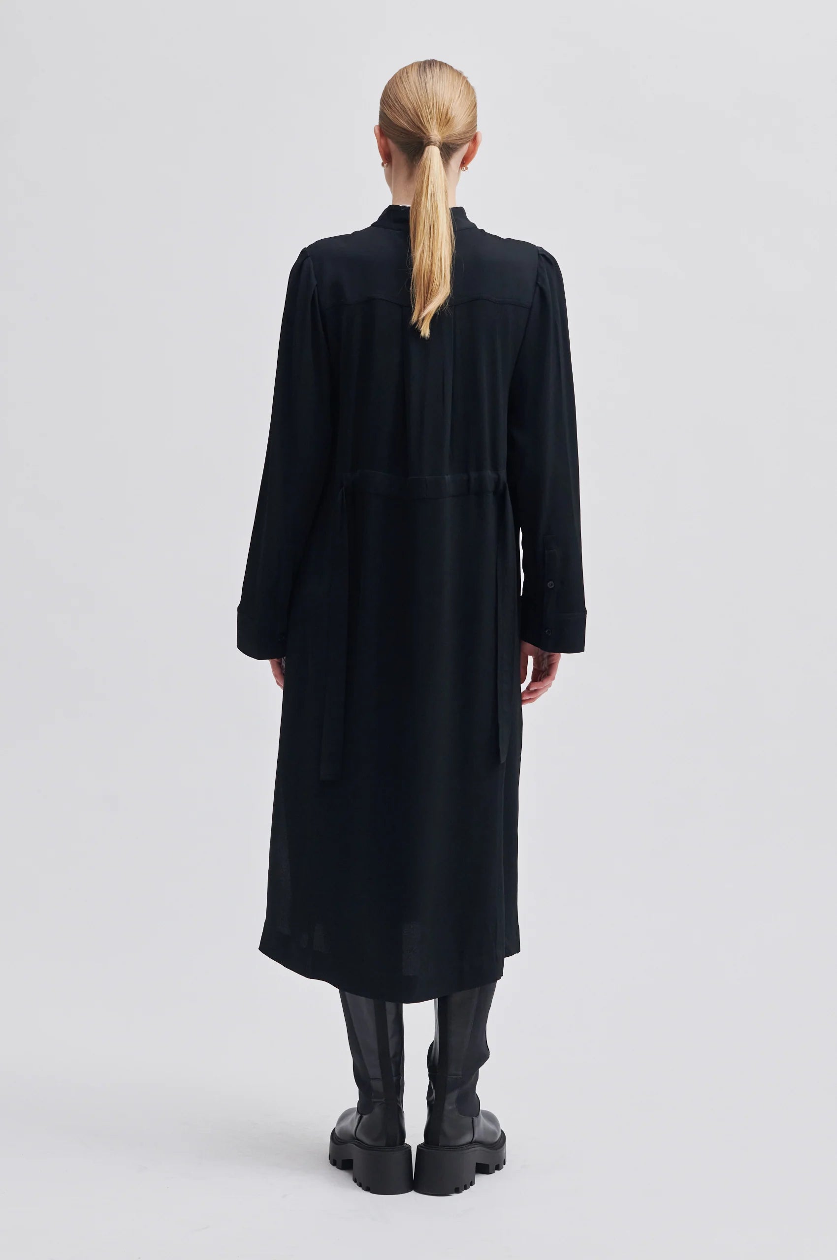 Grandad collar black long midi dress with half hidden placket and side tie details