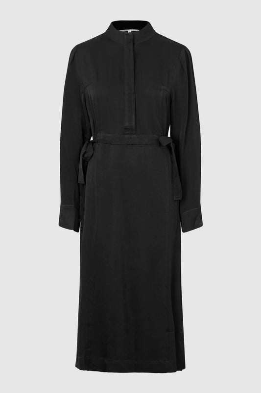 Grandad collar black long midi dress with half hidden placket and side tie details