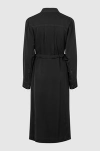 Grandad collar black long midi dress with half hidden placket and side tie details