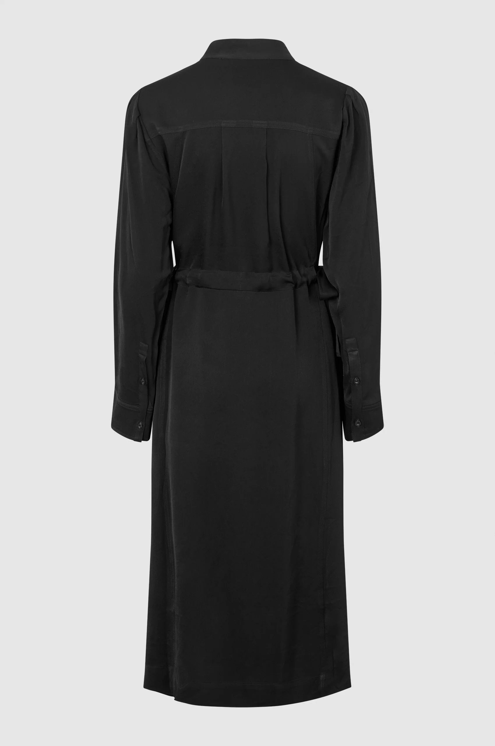 Grandad collar black long midi dress with half hidden placket and side tie details