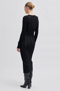 Black V neck skinning rib cardigan with long sleeves and ladder stitch detail