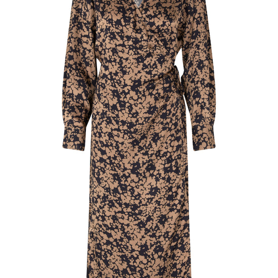 Bronze and navy floral print long sleeved self tie wrap dress