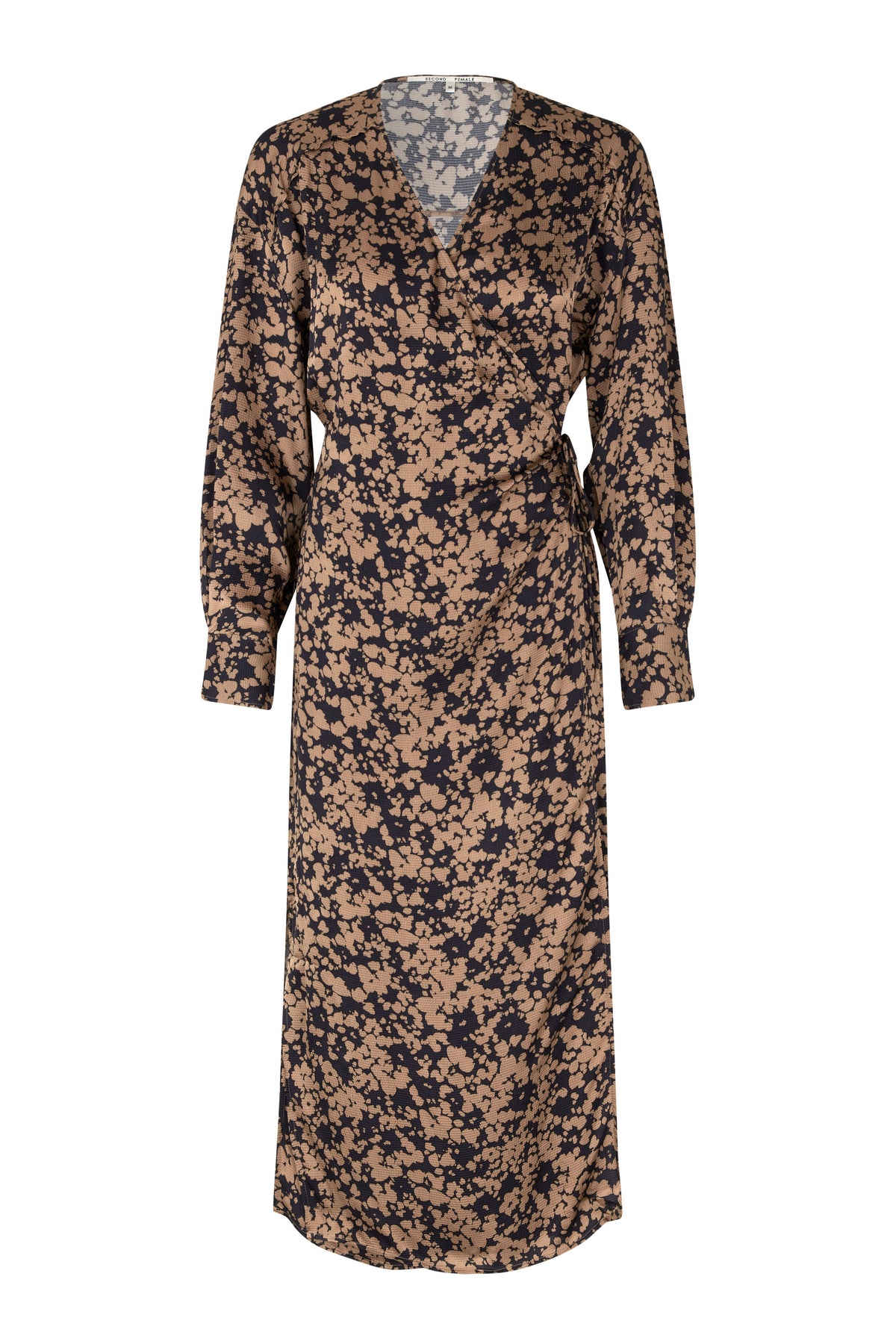 Bronze and navy floral print long sleeved self tie wrap dress