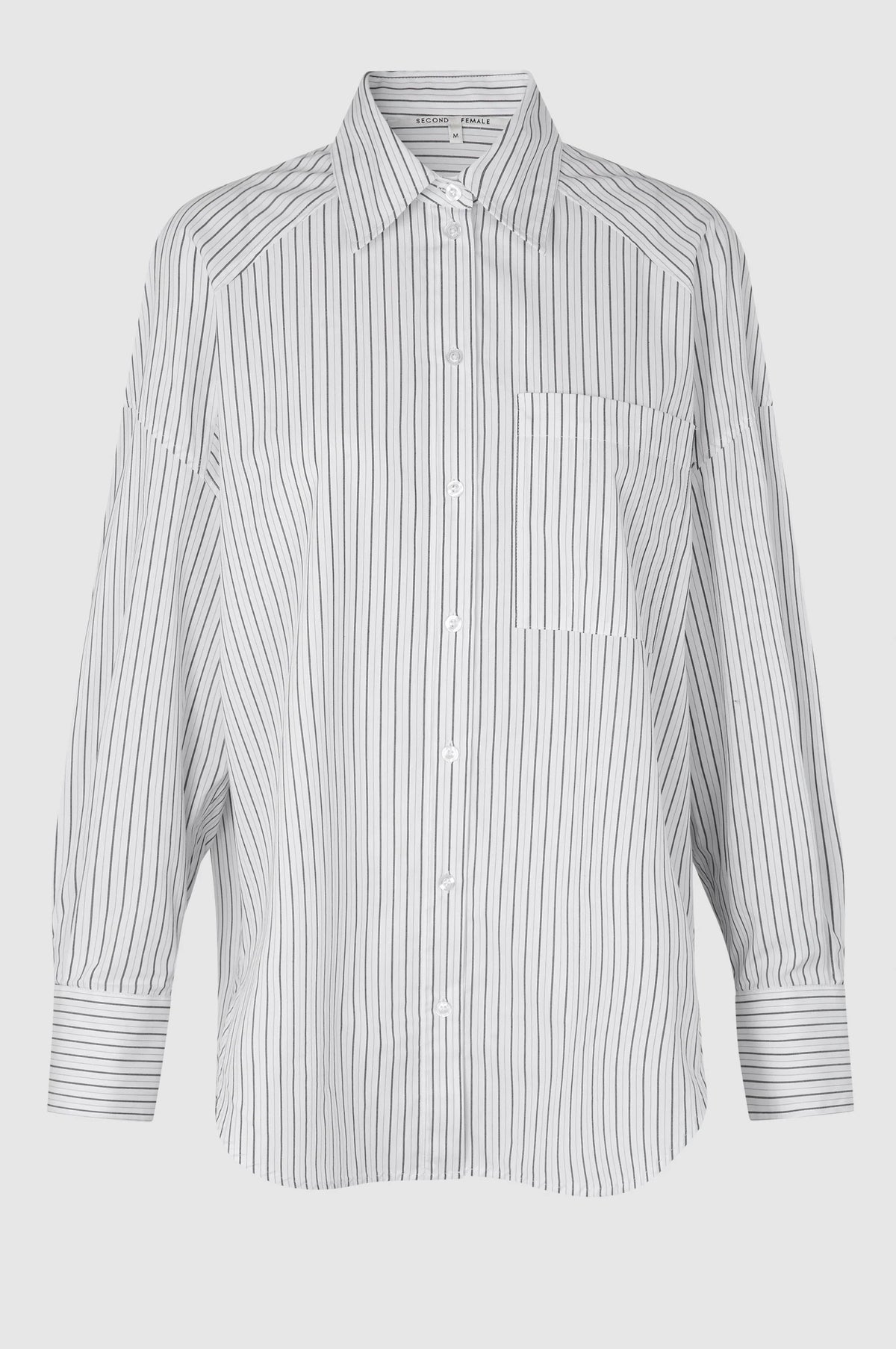 Oversized long sleeved striped shirt with classic collar patch pocket and curved hem