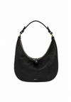 A black hobo shoulder bag with a curved silhouette, featuring a top zipper, a single shoulder strap, and a small gold logo on the front, set against a plain white background.