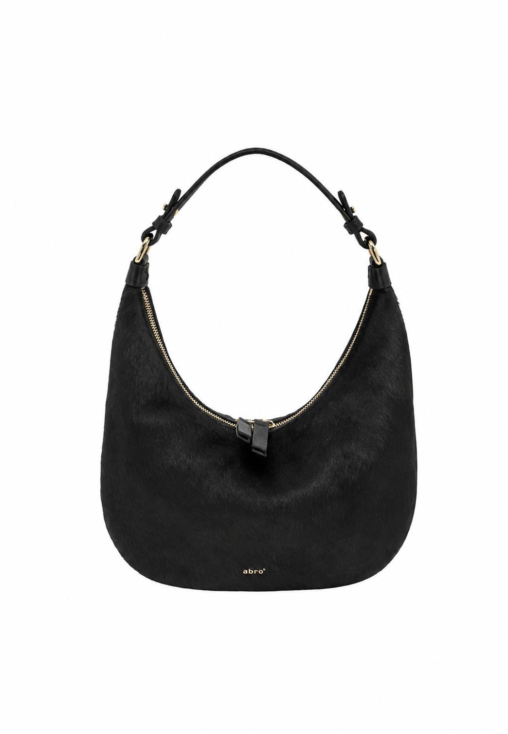 A black hobo shoulder bag with a curved silhouette, featuring a top zipper, a single shoulder strap, and a small gold logo on the front, set against a plain white background.