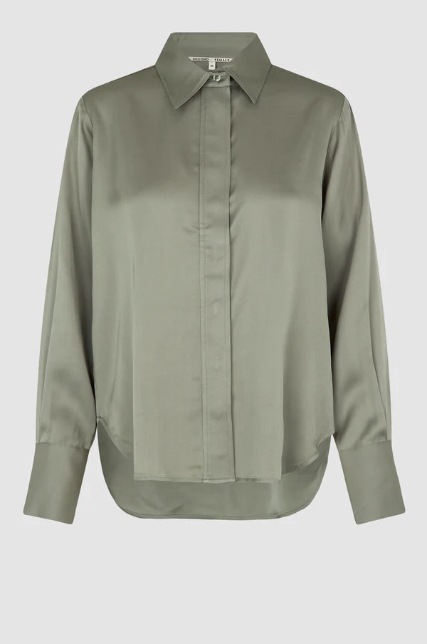 Light grey green satin shirt with classic collar hidden placket long sleeves and rounded dropped hem