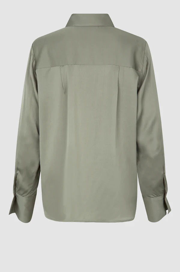 Light grey green satin shirt with classic collar hidden placket long sleeves and rounded dropped hem